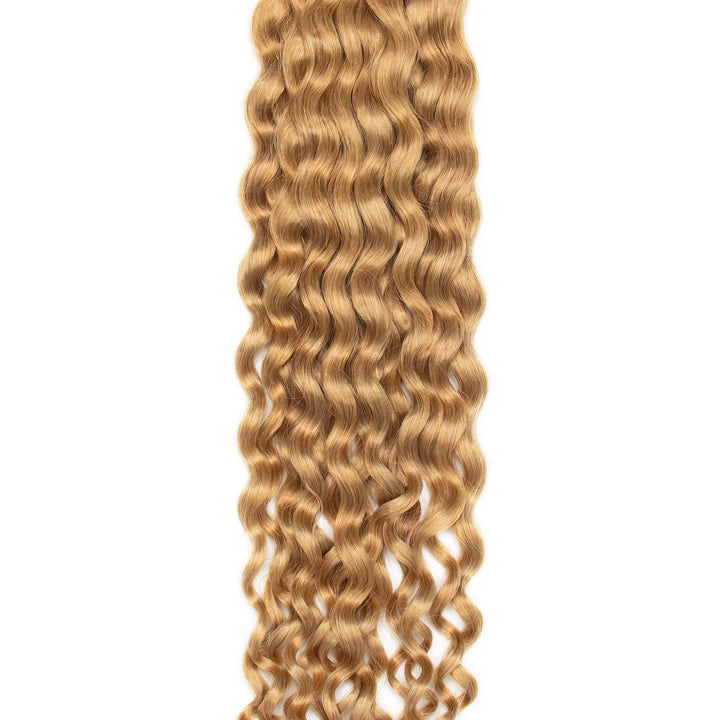 Close-up of Ywigs #27 Honey Blonde Spanish Curl Human Bulk Hair showing defined Spanish curl pattern and soft finish