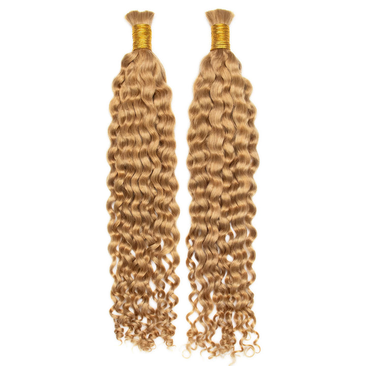 Detailed view of Ywigs #27 Honey Blonde Spanish Curl Human Bulk Hair showing warm blonde color and full curly texture
