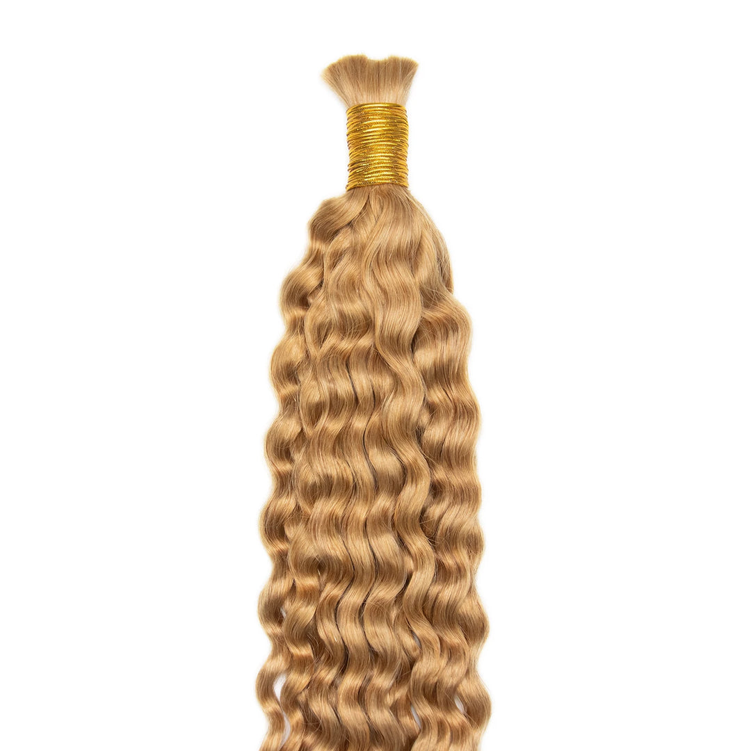 Top view of Ywigs #27 Honey Blonde Spanish Curl Human Bulk Hair showing neat strands and full density
