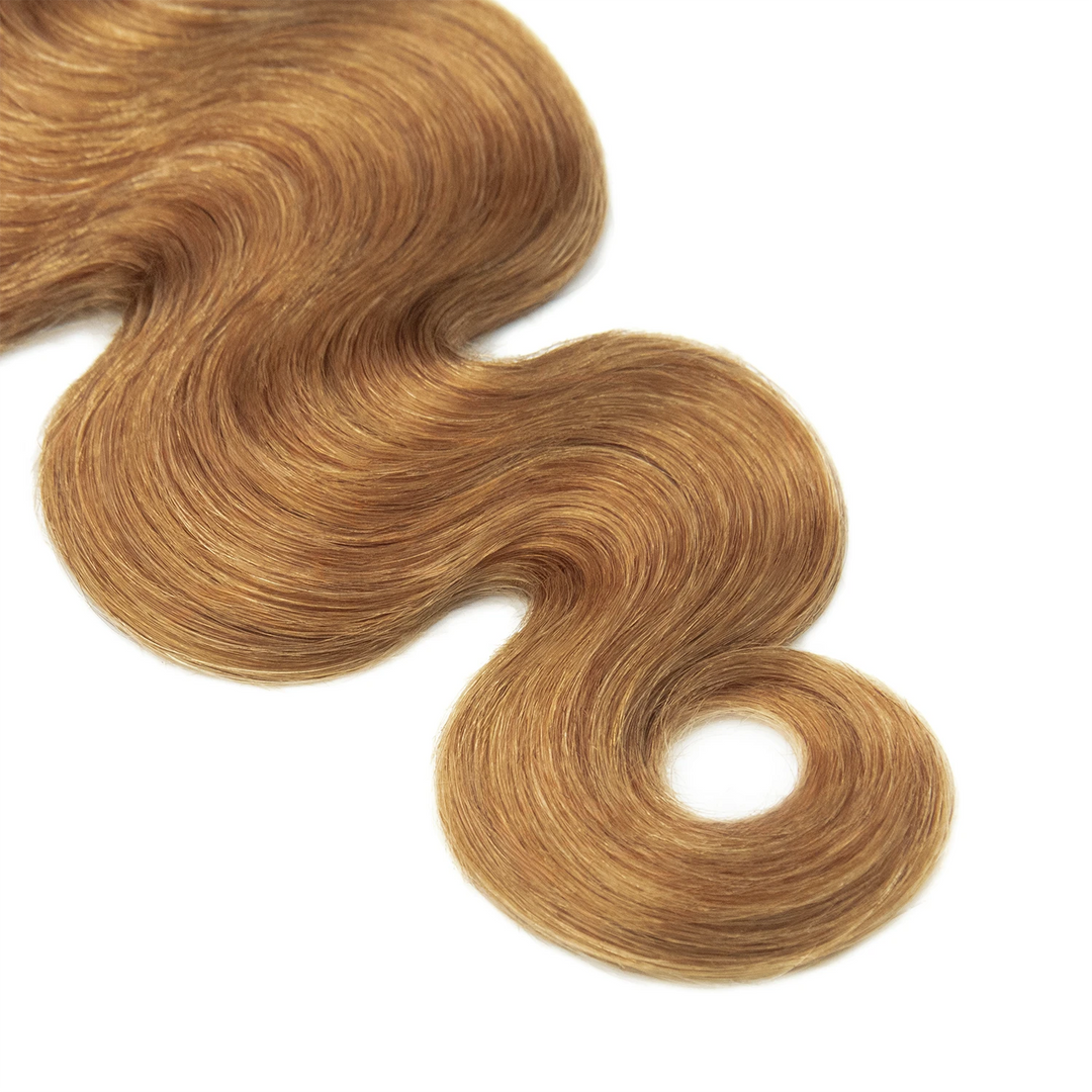 Close-up of Ywigs #30 Light Brown Body Wave Bulk Human Braiding Hair ends showing soft defined waves