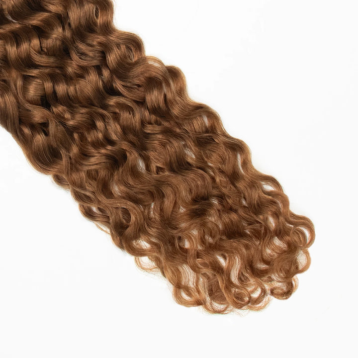 Close-up of Ywigs #30 Light Brown Water Wave Human Crochet Hair ends showing soft defined waves
