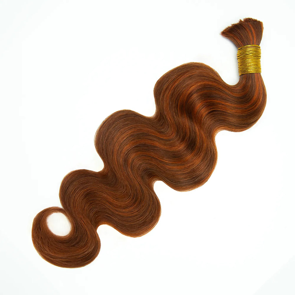 Detailed view of Ywigs #350/Auburn Mix Color Body Wave Bulk Human Braiding Hair showing dimensional reddish-brown tones and flowing waves