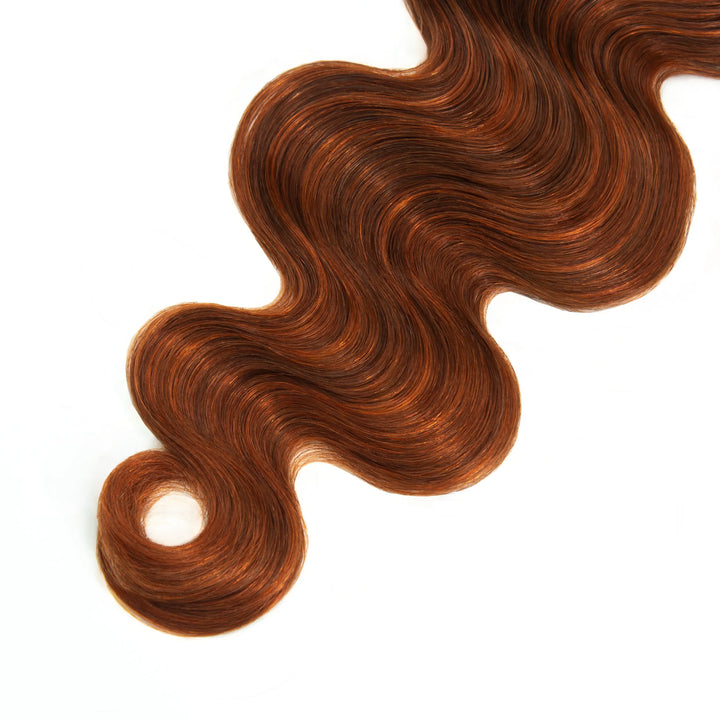Close-up of Ywigs #350/Auburn Blend Body Wave Human Crochet Hair ends showing soft, defined waves