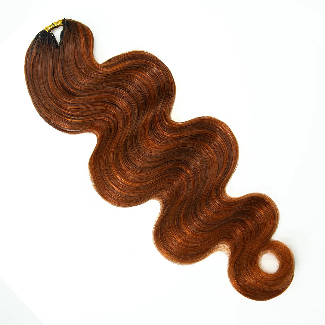 Detailed view of Ywigs #350/Auburn Blend Body Wave Human Crochet Hair showing dimensional reddish-brown tones and flowing waves
