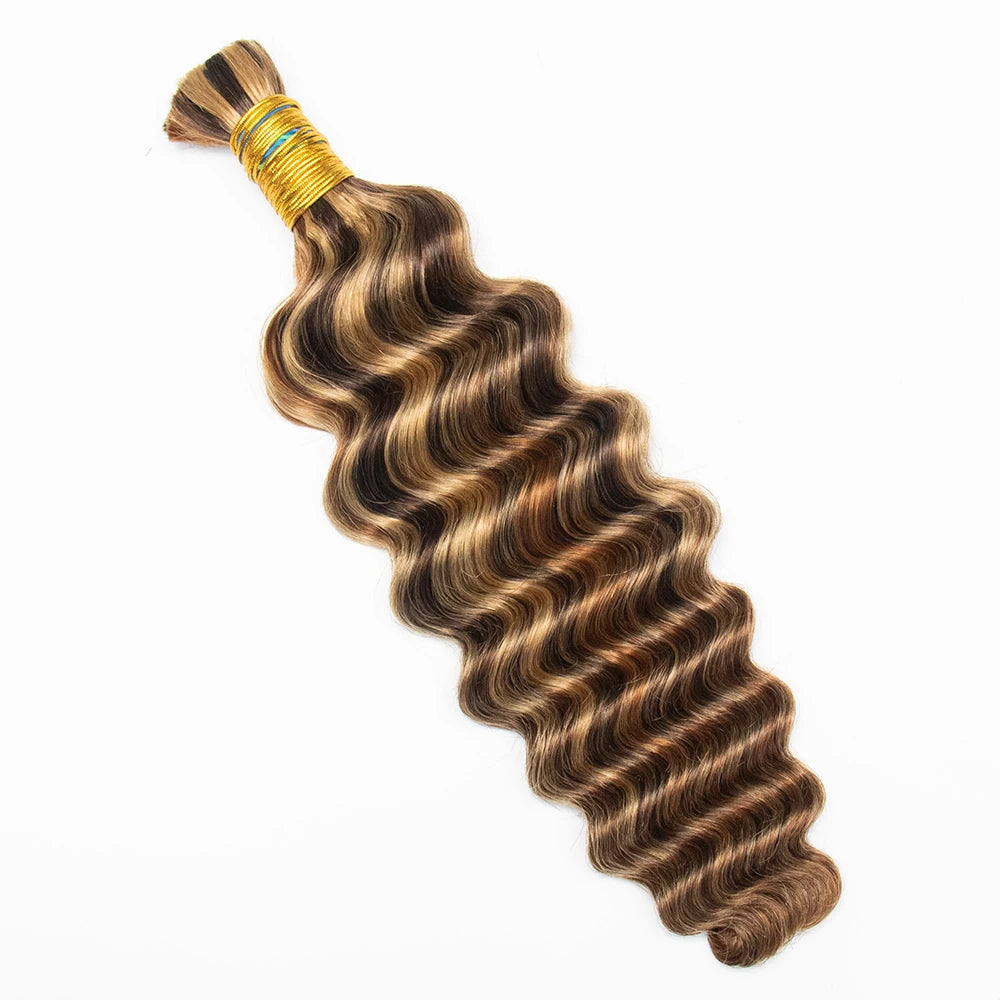 Ywigs #4/#27/#30 Mix Color Blend Deep Wave Bulk Human Braiding Hair one bundle showing full wave texture