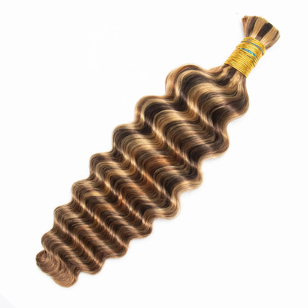 Detailed view of Ywigs #4/#27/#30 Mix Color Blend Deep Wave Bulk Human Braiding Hair showing rich brown and warm highlight tones with full texture