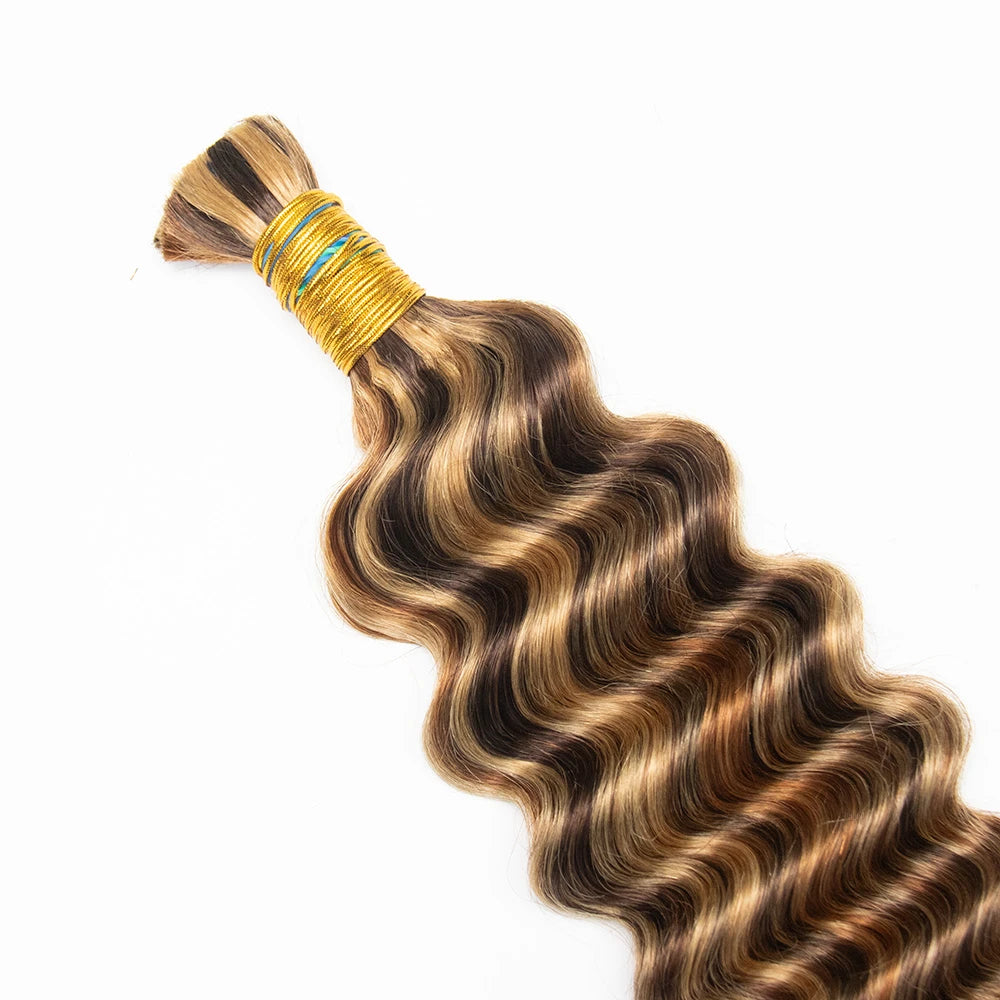 Top view of Ywigs #4/#27/#30 Deep Wave Bulk Human Braiding Hair showing neat strands and dimensional color blend