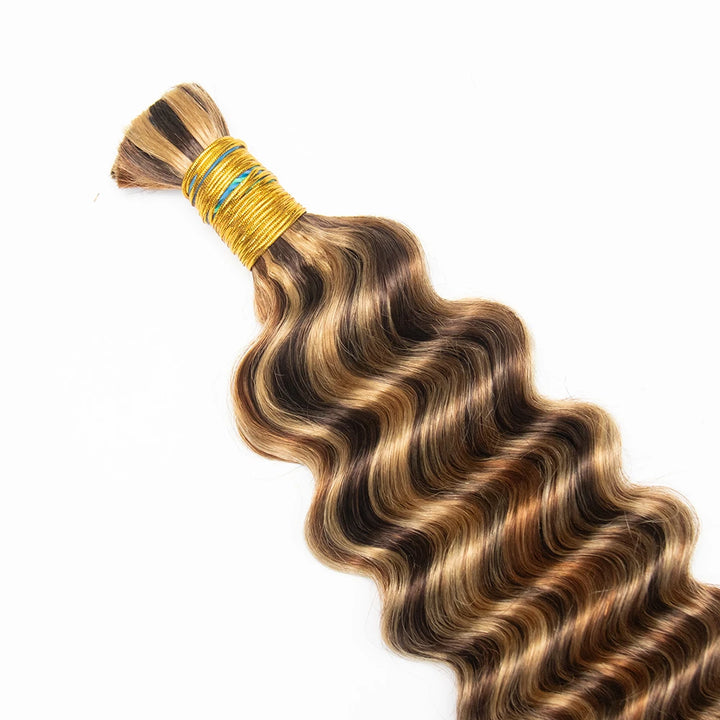 Top view of Ywigs #4/#27/#30 Deep Wave Bulk Human Braiding Hair showing neat strands and dimensional color blend