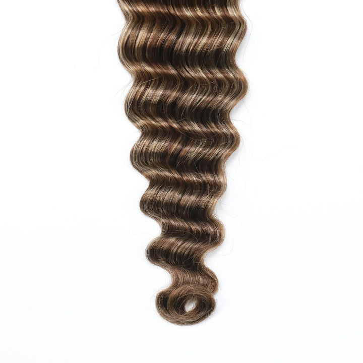 Close-up of Ywigs #4/27/30 Mix Color Blend Loose Deep Wave Human Crochet Hair showing its defined waves, soft texture, and dimensional color blend.