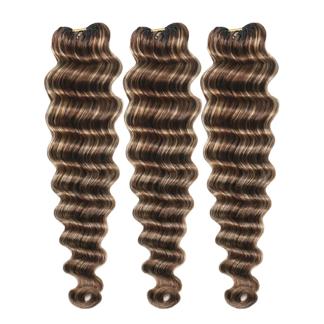 Three bundles of Ywigs #4/27/30 Mix Color Blend Loose Deep Wave Human Crochet Hair with dimensional color and defined wave patterns.