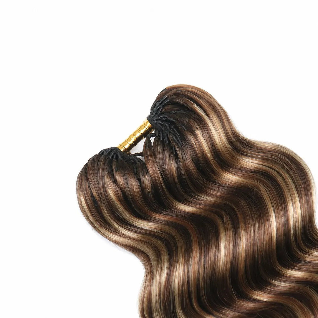 Close-up of the top of Ywigs #4/27/30 Mix Color Blend Loose Deep Wave Human Crochet Hair, highlighting the hair bundle construction and blended color tones.