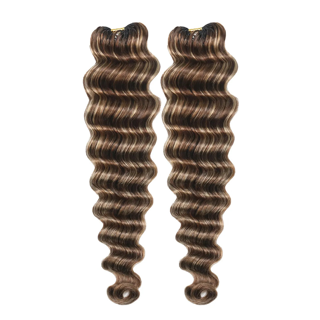 Two bundles of Ywigs #4/27/30 Mix Color Blend Loose Deep Wave Human Crochet Hair in a warm brown, honey blonde, and caramel color blend.