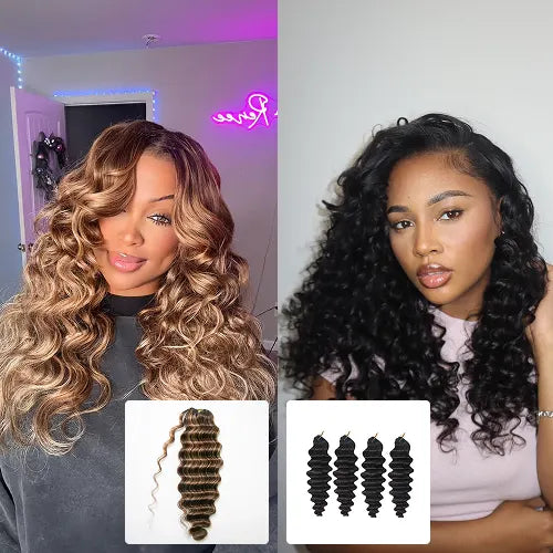 Model wearing Ywigs #4/27/30 & Natural Black Loose Deep Wave Human Crochet Hair showing a blend of natural black, brown, and warm highlights