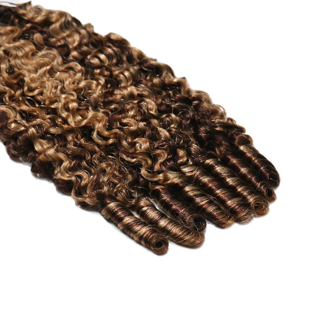 Close-up of Ywigs #4/#27 Water Curly Feather Crochet Human Hair ends showing soft defined curls