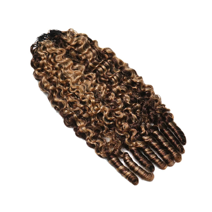 Detailed view of Ywigs #4/#27 Water Curly Feather Crochet Human Hair showing brown and honey blonde color blend