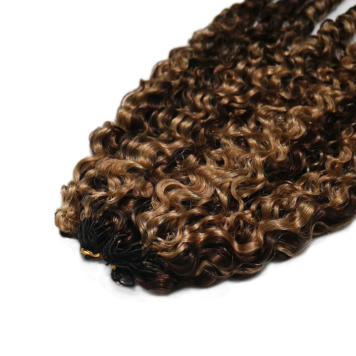 Top view of Ywigs #4/#27 Water Curly Feather Crochet Human Hair showing neat strands and blended color