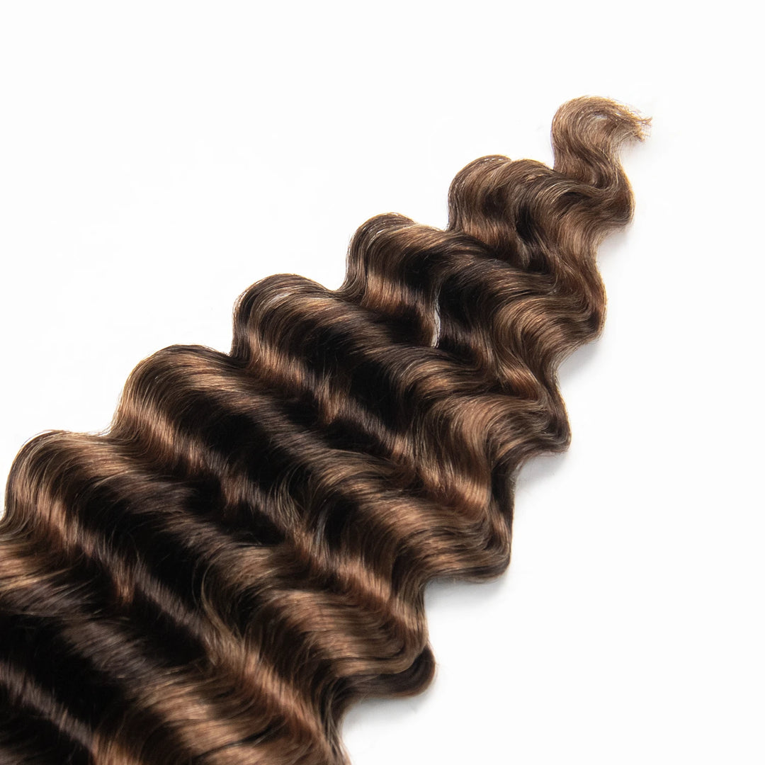 Close-up of Ywigs #4/#30 Deep Wave Bulk Hair Extensions for Braiding ends showing soft defined curls