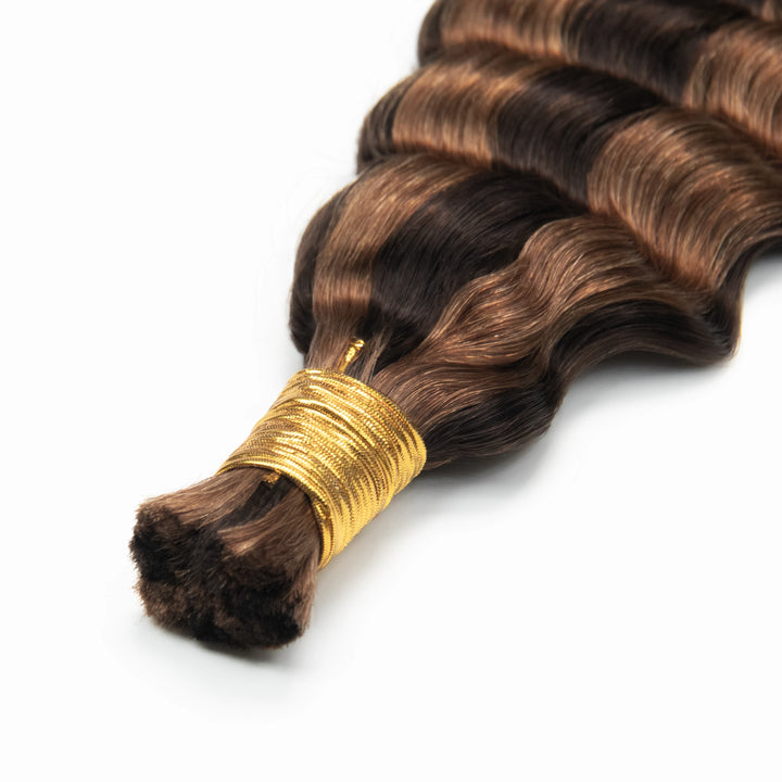 Top view of Ywigs #4/#30 Deep Wave Bulk Hair Extensions for Braiding showing neat strands and blended brown color