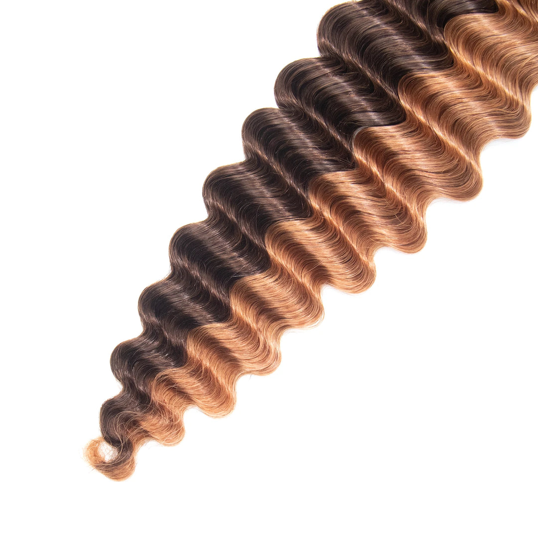 Close-up of Ywigs #4/#30 Deep Wave Crochet Human Hair ends showing soft defined waves