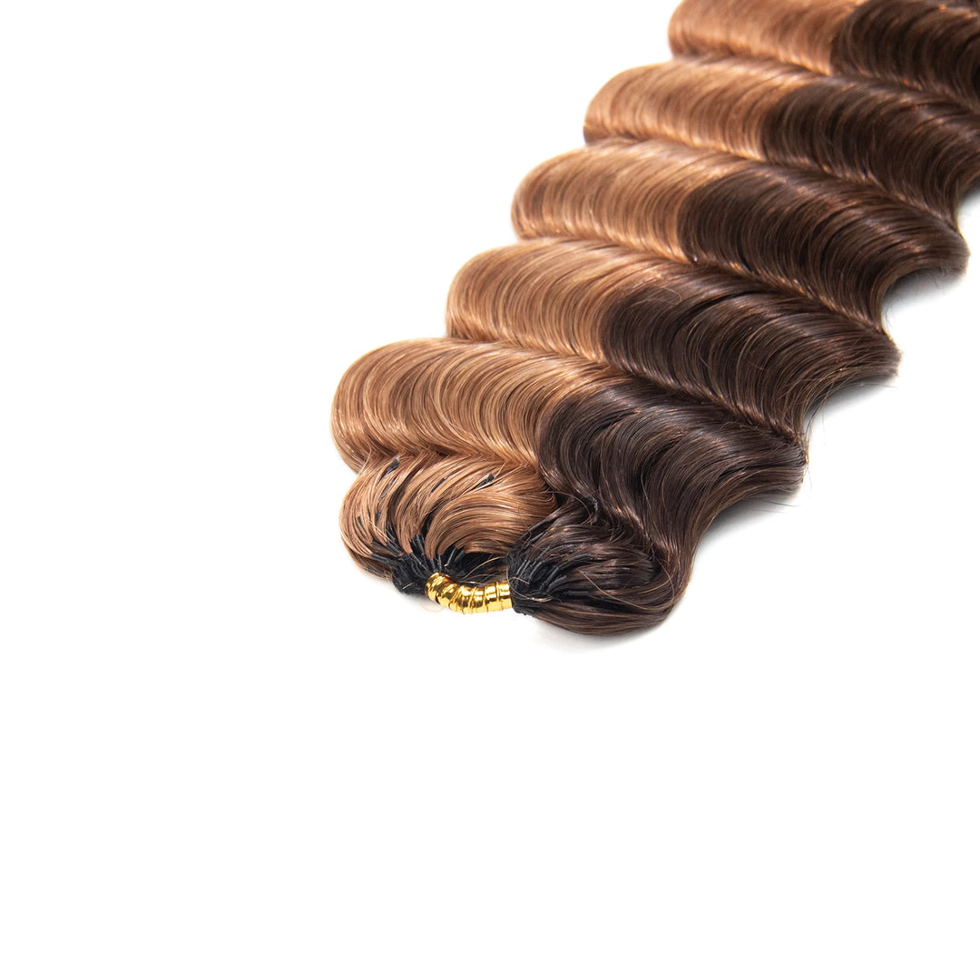 Top view of Ywigs #4/#30 Deep Wave Crochet Human Hair showing neat strands and blended brown color
