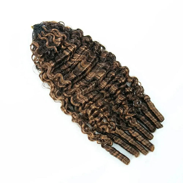 Side angle of Ywigs #4/#30 Mix Color Blend Water Curly Crochet Human Hair showing full volume and natural curl definition