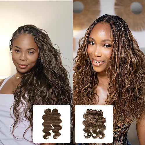 Model wearing Ywigs #4 & #4/27/30 Body Wave Human Crochet Hair showing a dimensional brown and highlighted color blend