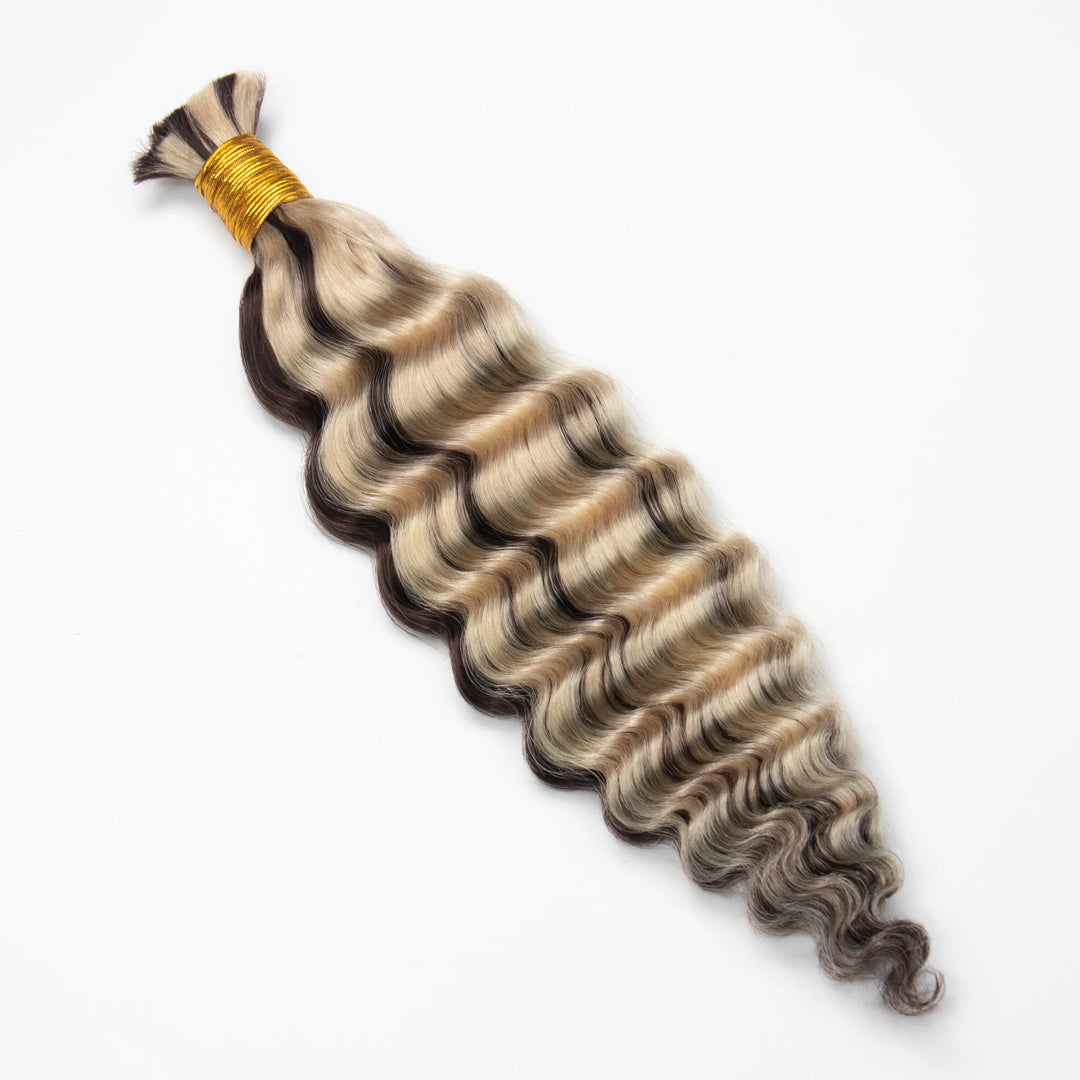 Detailed view of Ywigs #4/#613 Piano Color Deep Wave Bulk Hair Extensions showing dimensional dark and blonde tones with full texture