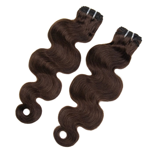 Two bundles of Ywigs #4 Medium Brown Burmese Water Curly Human Hair showing the defined waves