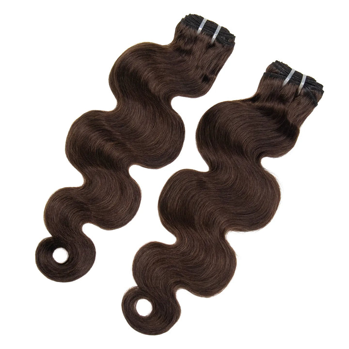 Two bundles of Ywigs #4 Medium Brown Burmese Water Curly Human Hair showing the defined waves
