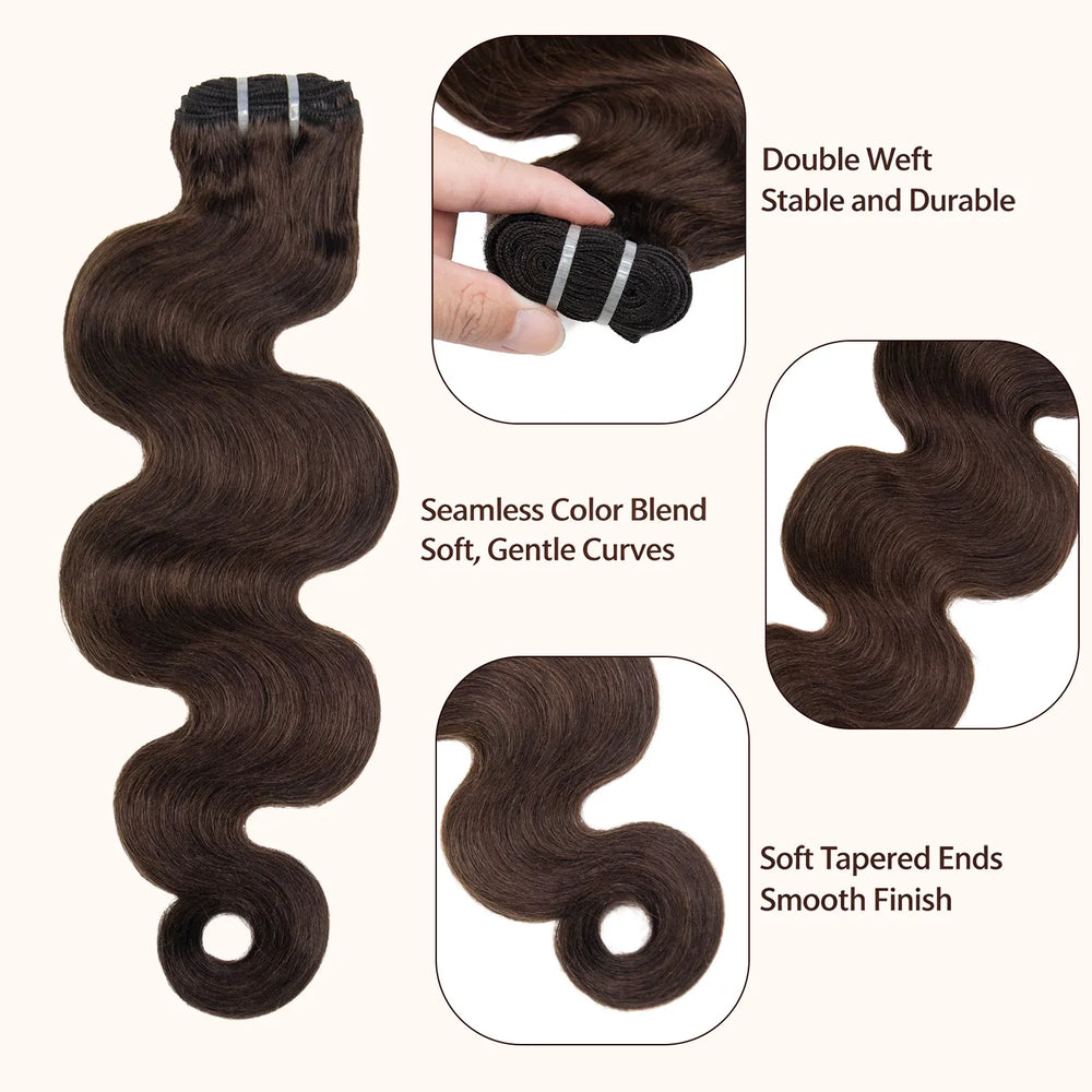 Ywigs #4 Medium Brown Burmese Water Curly Human Hair Weft Bundles showing the wave pattern, double weft construction, and tapered ends
