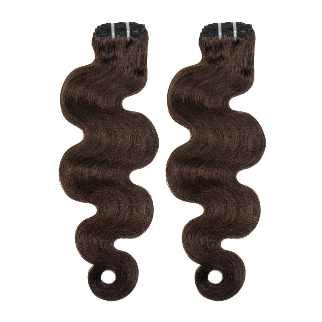 Two Ywigs #4 Medium Brown Burmese Water Curly Human Hair weft bundles displayed side by side