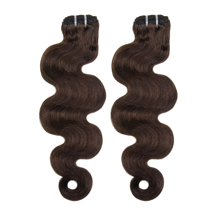 Two Ywigs #4 Medium Brown Burmese Water Curly Human Hair weft bundles displayed side by side
