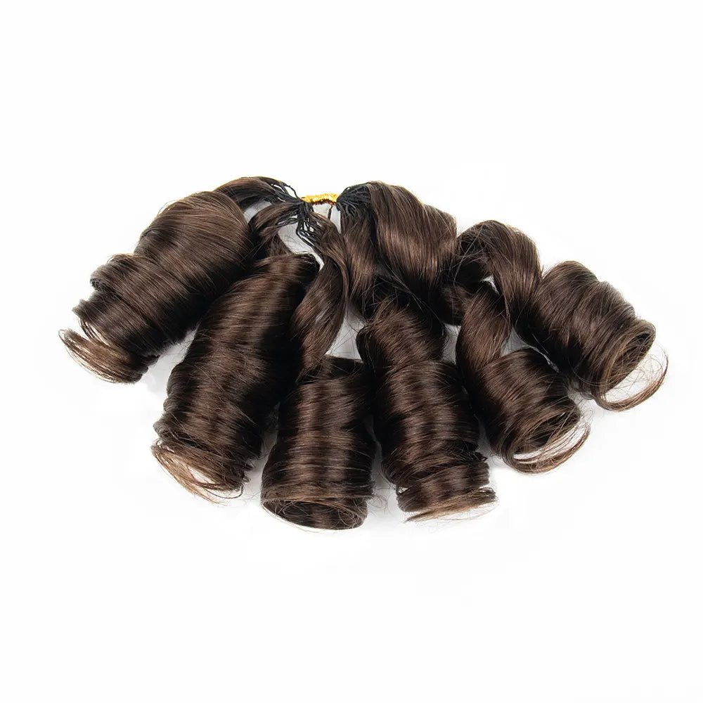 Detailed view of Ywigs #4 Medium Brown French Curl Human Crochet Hair showing bouncy, spiral-shaped curls