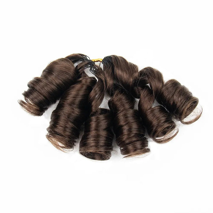 Detailed view of Ywigs #4 Medium Brown French Curl Human Crochet Hair showing bouncy, spiral-shaped curls