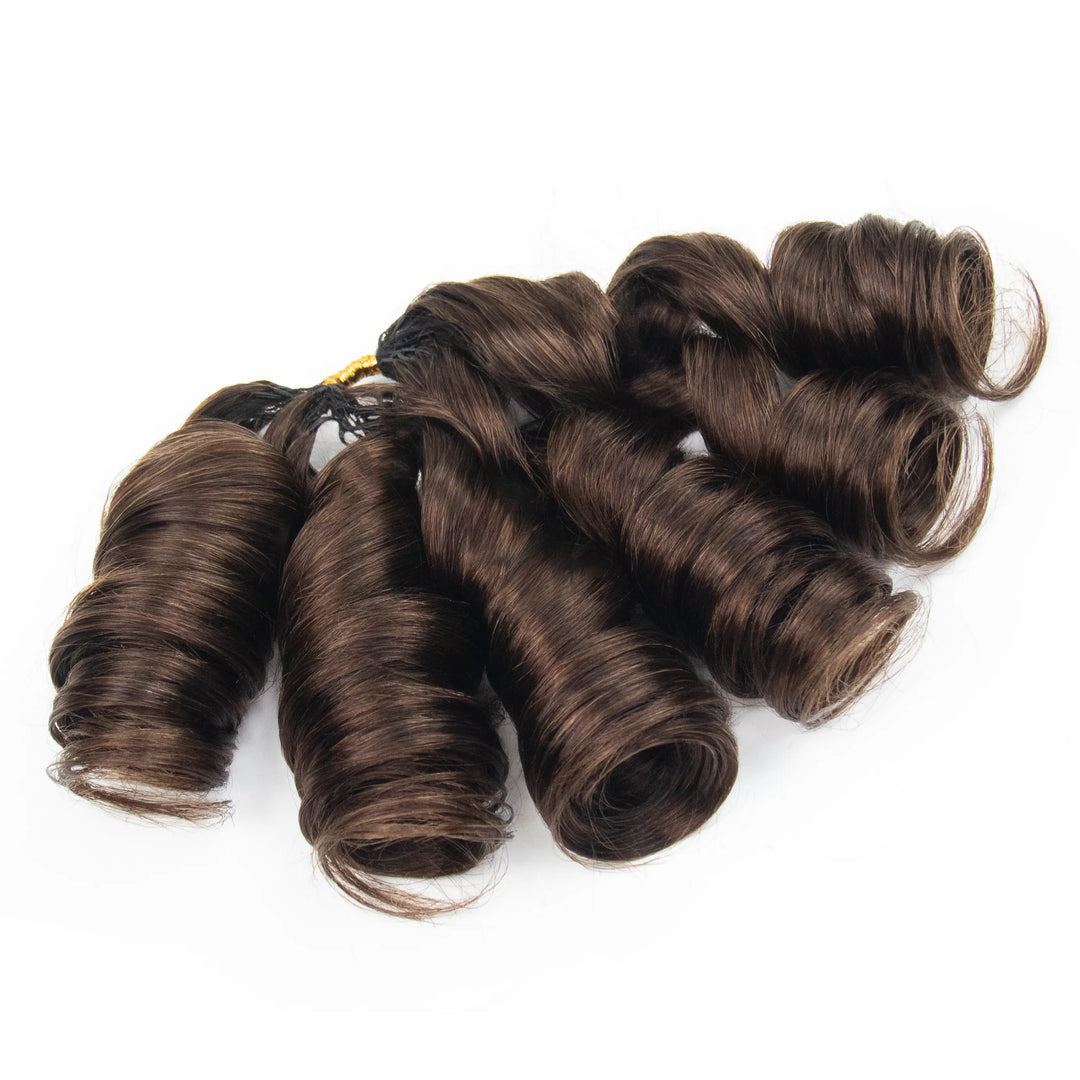 Close-up of Ywigs #4 Medium Brown French Curl Human Crochet Hair showing smooth strands and defined curly texture