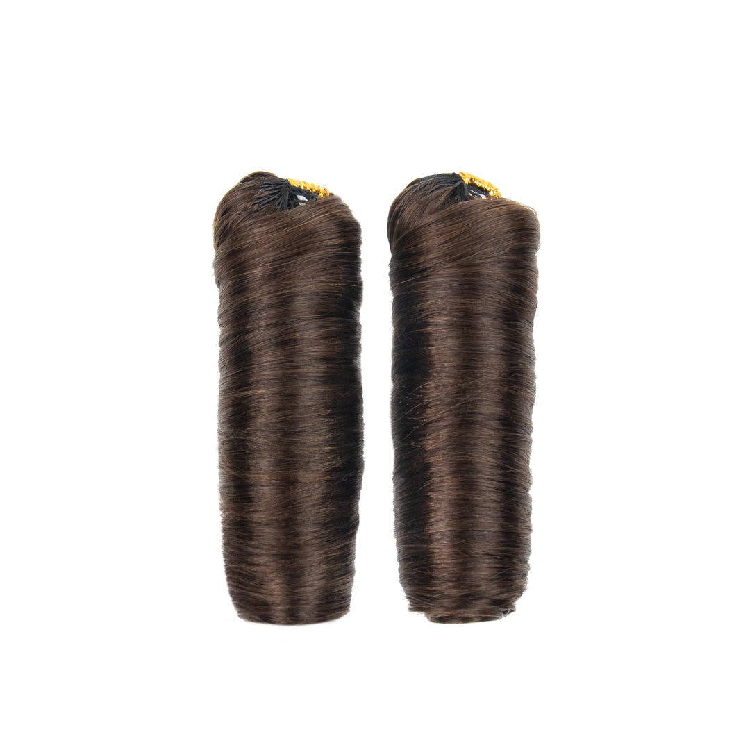 Two bundles of Ywigs #4 Medium Brown French Curl Human Crochet Hair showing full, uniform curl patterns