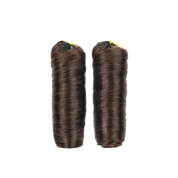 Two bundles of Ywigs #4 Medium Brown French Curl Human Crochet Hair showing full, uniform curl patterns