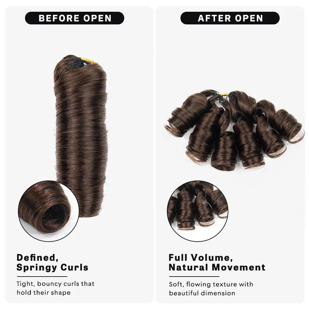 Ywigs #4 Medium Brown French Curl Human Crochet Hair before and after opening, showing defined springy curls, fuller volume, and natural movement.