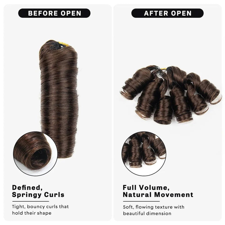 Ywigs #4 Medium Brown French Curl Human Crochet Hair before and after opening, showing defined springy curls, fuller volume, and natural movement.