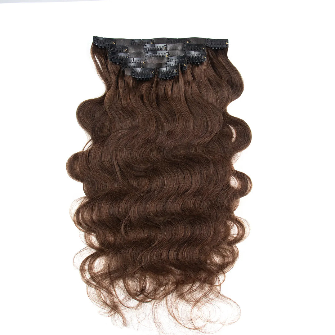 Ywigs #4 Medium Brown Invisible Seamless Clip In Hair Extensions Body Wave showing soft waves and seamless clips