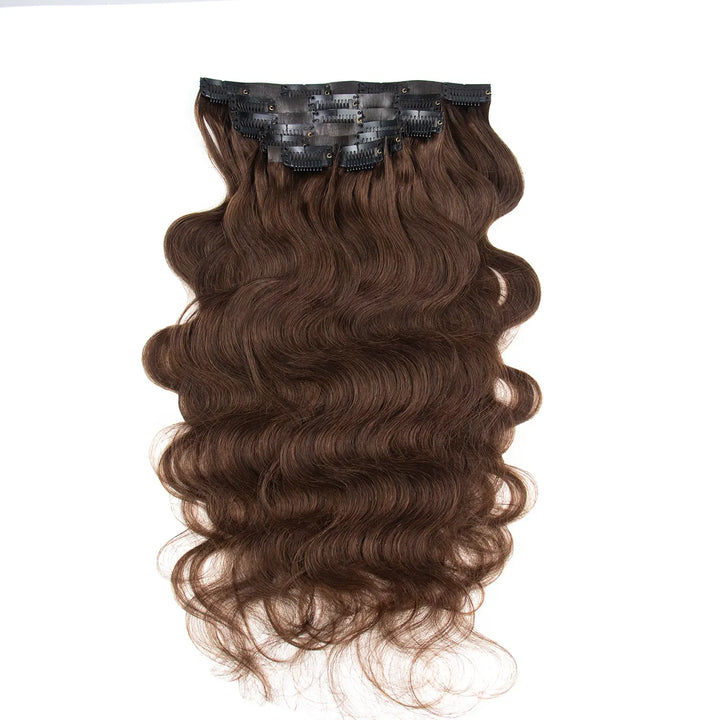 Ywigs #4 Medium Brown Invisible Seamless Clip In Hair Extensions Body Wave showing soft waves and seamless clips