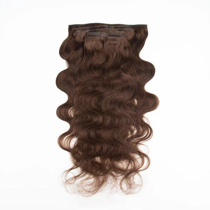 Back view of Ywigs #4 Medium Brown Invisible Seamless Clip In Hair Extensions showing the clip construction