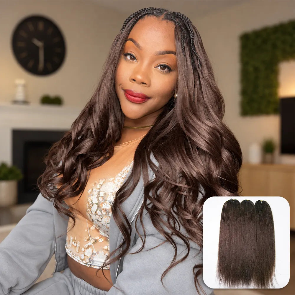 human-crochet-hair-front	Ywigs #4 medium brown light yaki human crochet hair front view for natural brown crochet braid style