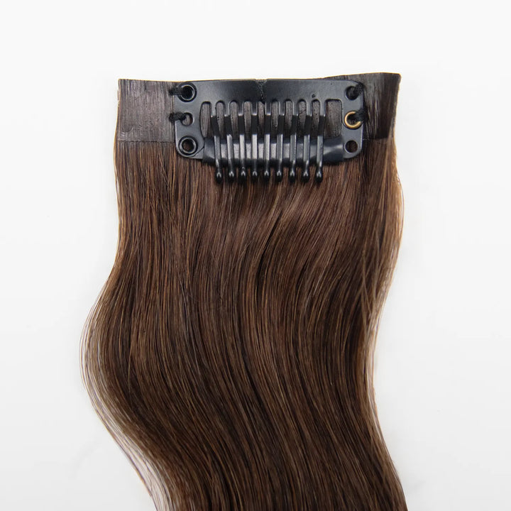Back of a Ywigs #4 Medium Brown Seamless Clip In Hair Extension showing the attached clips