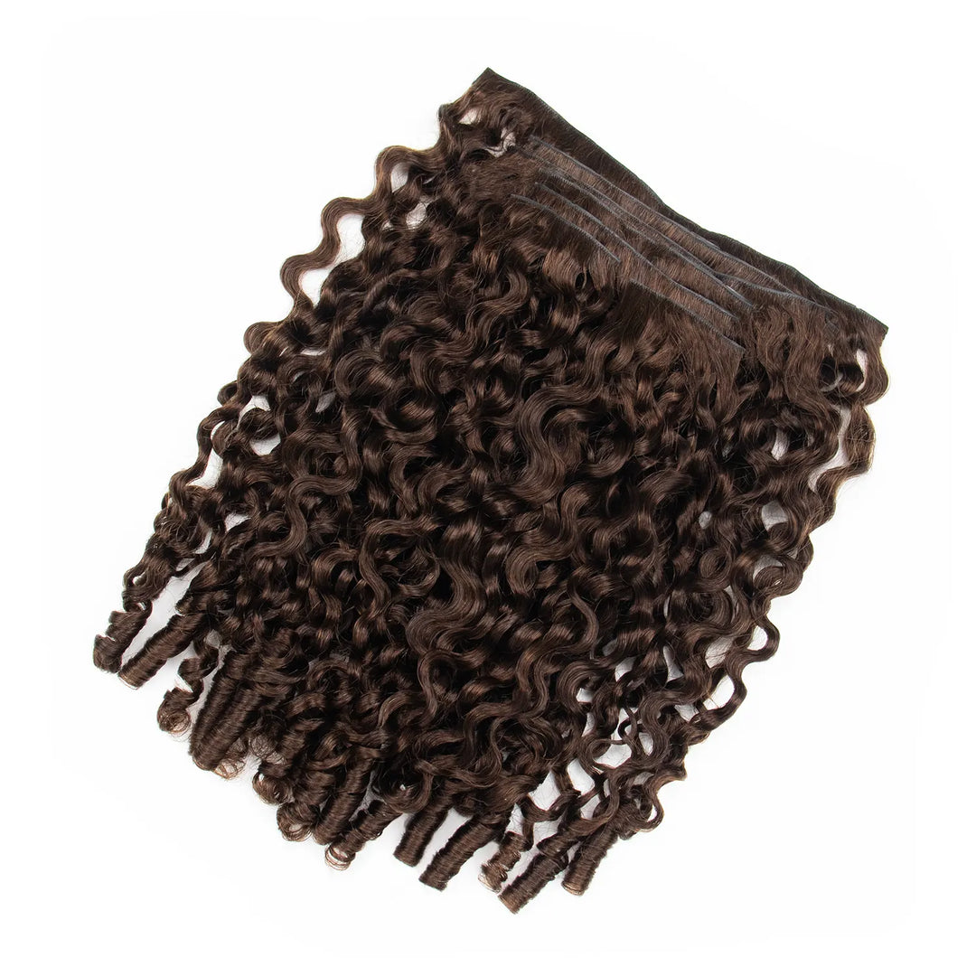 Back view of Ywigs #4 Medium Brown Water Curly Clip In Hair Extensions showing the clip attachment