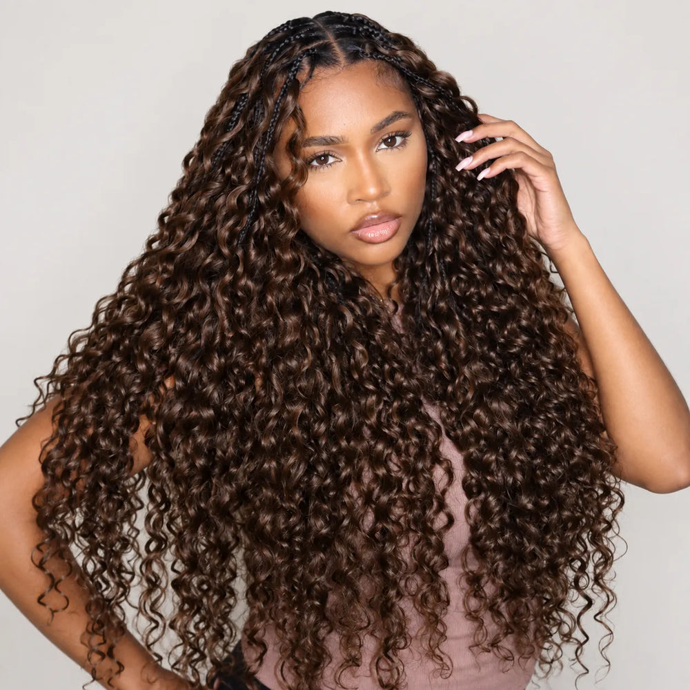 Side angle of Ywigs #4 medium brown water wave human crochet hair showing rich brown tone and soft water wave texture for crochet braids