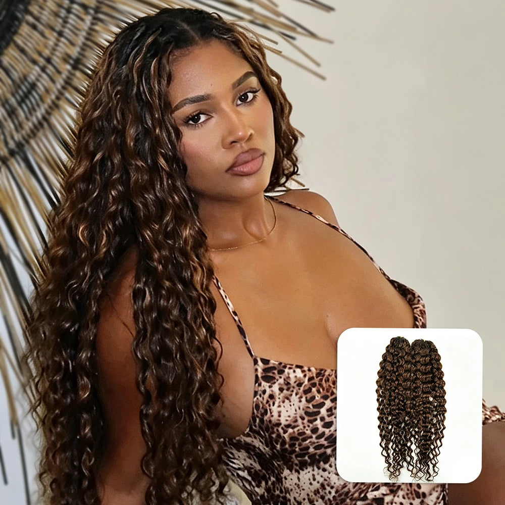 Model wearing Ywigs #4 Medium Brown Water Wave Human Crochet Hair front view
