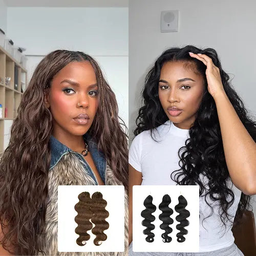 Model wearing Ywigs #4 & Natural Black Body Wave Crochet Hair, front view showing the brown and black color blend
