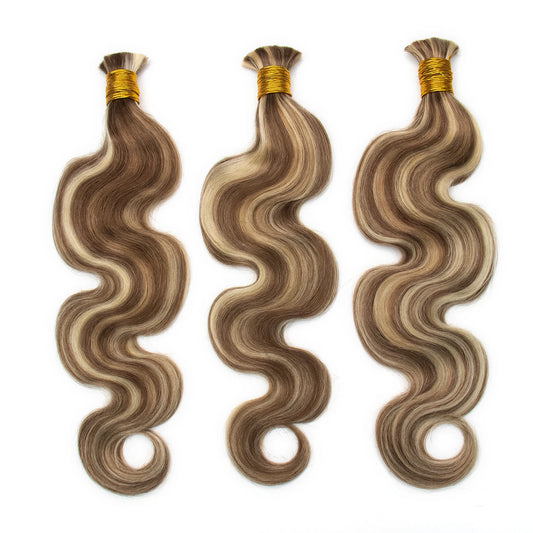Detailed view of Ywigs #6/60 Body Wave Bulk Human Braiding Hair showing brown and blonde color blend