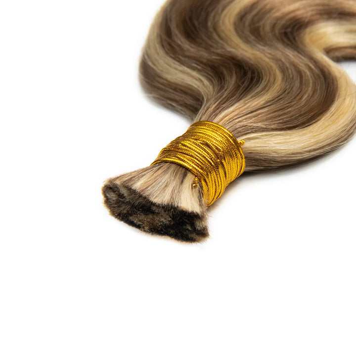 Top view of Ywigs #6/60 Body Wave Bulk Human Braiding Hair showing secured strands and blended color